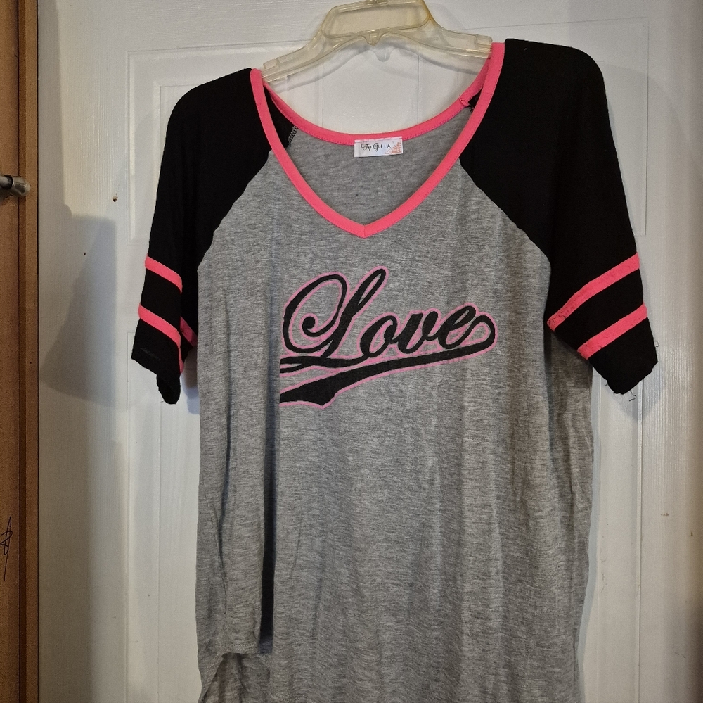 Top Girl LA Gray and Black Tee with Pink Trim